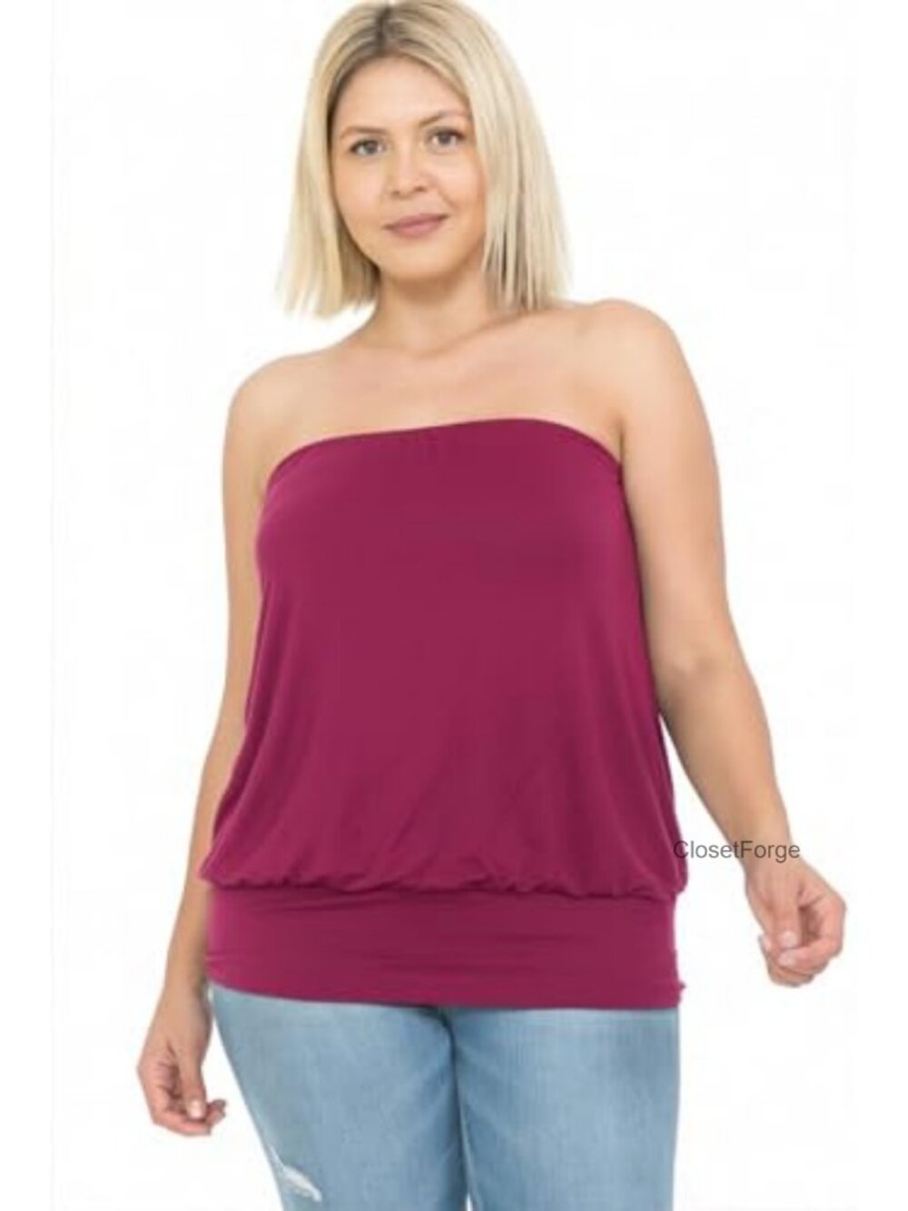 Women's Plus Size Blouson Tube Top Strapless Double Layered Sleeveless Knit